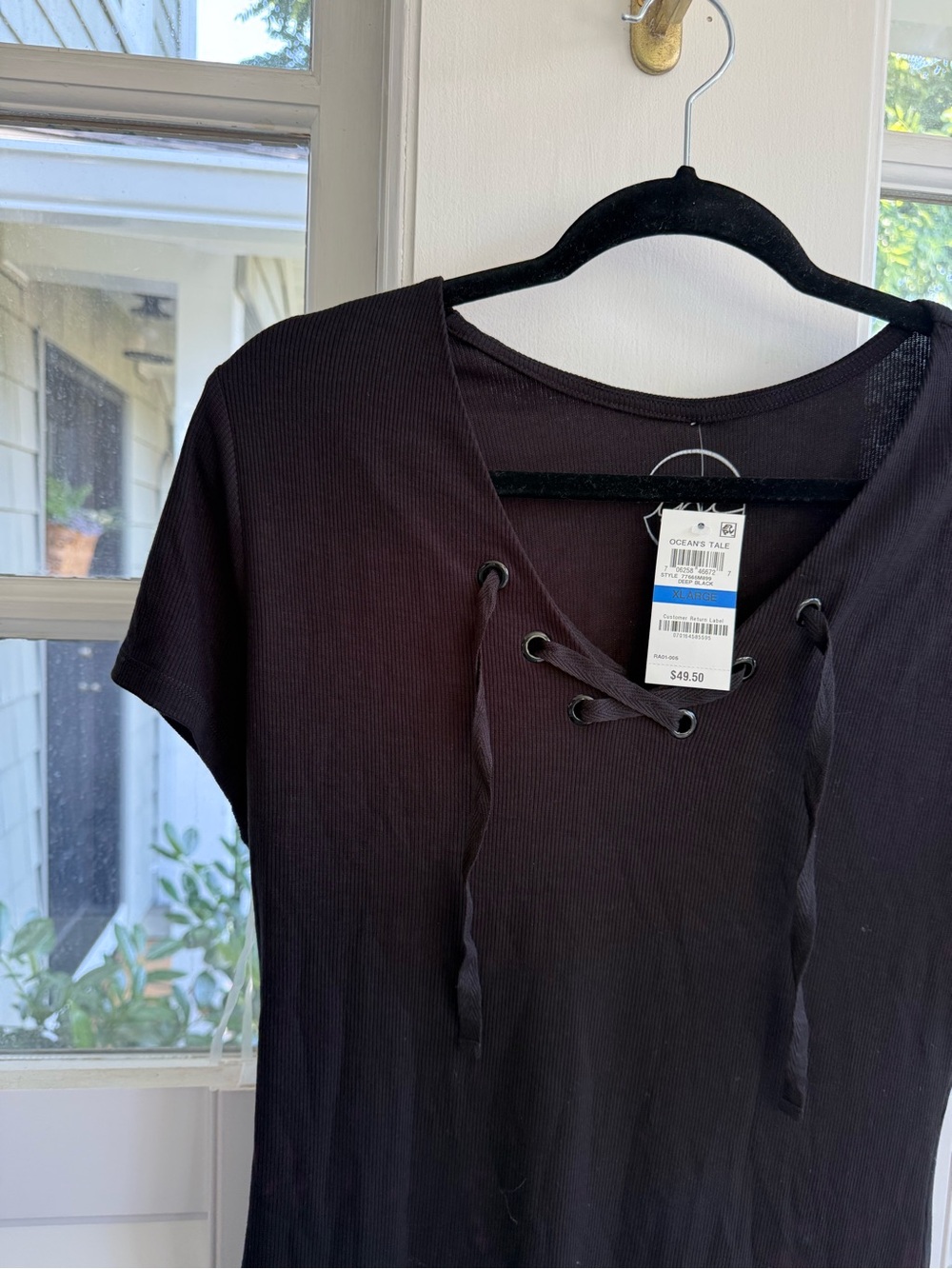 INC International Concepts Black Lace-Up Short Sleeve Tee